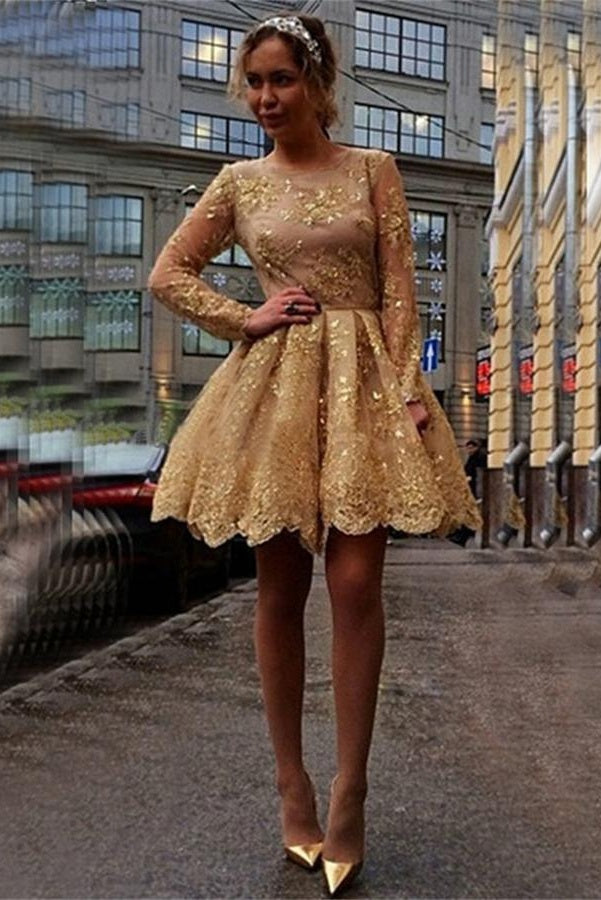 A-line Long Sleeves Gold Lace Short Homecoming Dresses For Teens