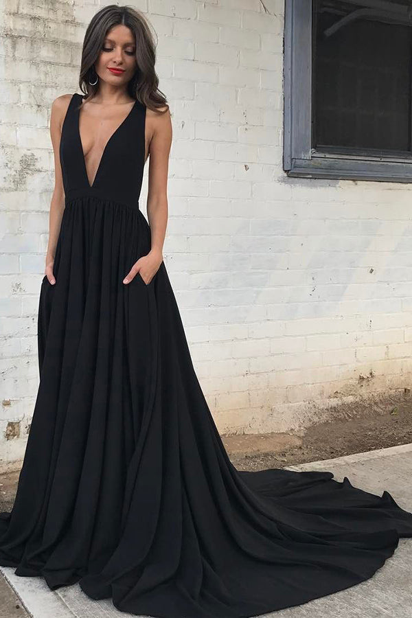 Black Deep V-neck A-line Long Open Back Simple Prom Dress – Bohogown
