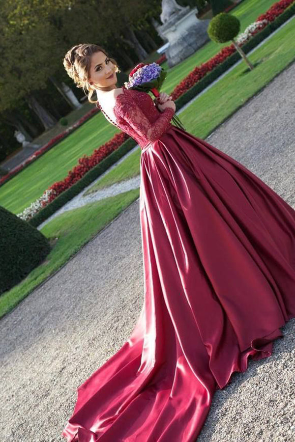 Musling plads Mod Red Lace Long Sleeves Satin Ball Gowns Prom Dress,Princess Dress – Bohogown