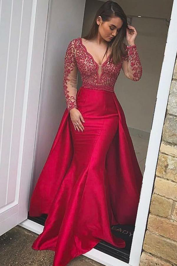 Serena Wow Whitney Simple Red Sheath V-neck Long Sleeves Mermaid Long Prom Dress – Bohogown