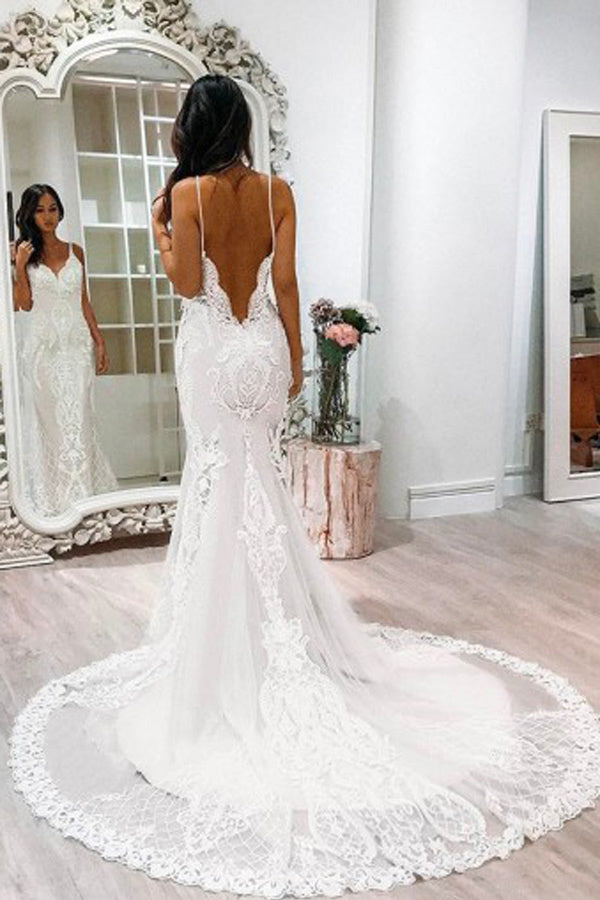 Spaghetti Straps White Long Open Back Mermaid Lace Wedding Dresses
