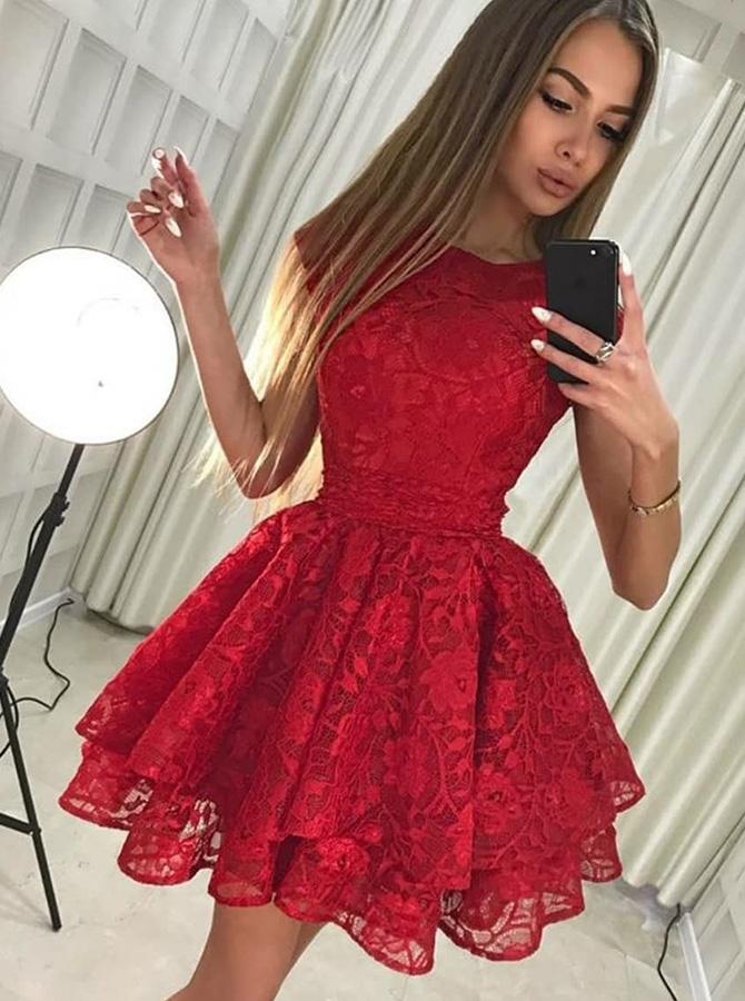 Beautiful Red Short Tight Lace Homecoming Dress Prom Dress For
