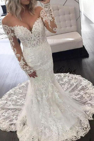 Illusion Long Sleeve Lace Mermaid Wedding Dress Gorgeous Long Bridal Dress N1778