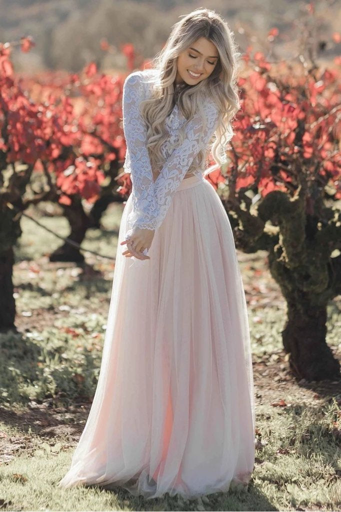 Boho Lace Long Sleeves Wedding Gown Two Pieces - Boho Lace Long Sleeves  Wedding G…