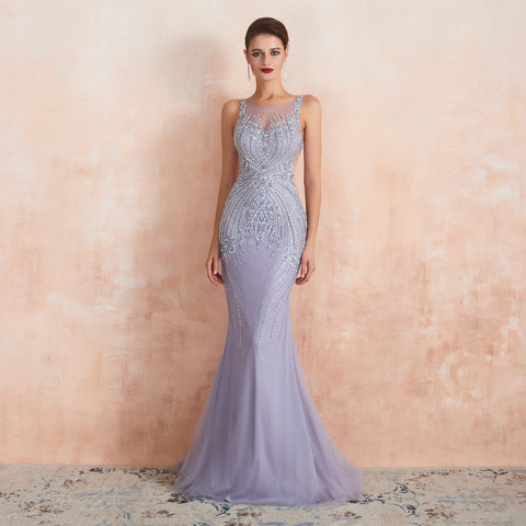 V back Bateau Sleeveless Lace Tulle Long Evening Gowns