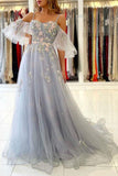 Vintage A-Line Tulle Light Gray Lace Appliques Evening Prom Dress