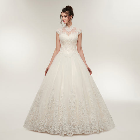 High Collar A-line Lace Floor-length Chiffon Wedding Dresses