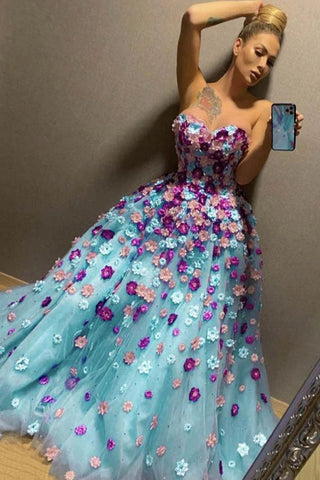 Blue Appliques Stylish A-Line Sweetheart Tulle Formal Evening Dress Prom Dress