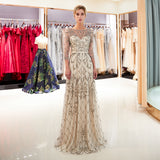 A-line three - quarter Sleeve Sequins Chiffon Beaded Prom Dress