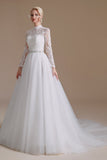 A-Line Long Sleeve Lace Appliques Tulle Chapel Train Wedding Dress