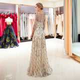 A-line three - quarter Sleeve Sequins Chiffon Beaded Prom Dresses