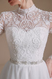 A-Line Long Sleeve Lace Appliques Tulle Chapel Train Wedding Dress