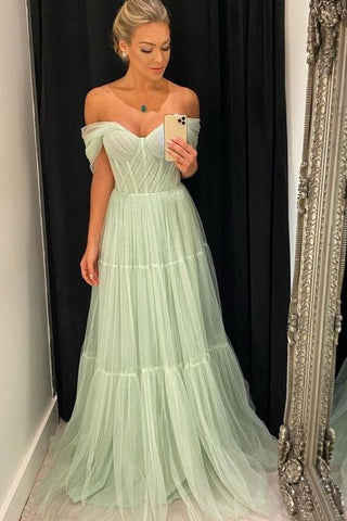 Mint Off the Shoulder A Line Formal Evening Gowns Tulle Long Prom Dress