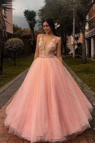 Pink Lace Applique V neck Tulle A Line Formal Evening Dress Long Prom Dress