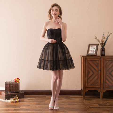 Strapless A-line Sleeveless Lace Chiffon Homecoming Dresses
