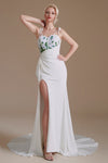 Simple Spaghetti Straps Appliques High Split Prom Dress, Wedding Dress with Train