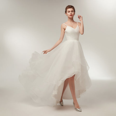 HI-Lo Stain Spaghetti Straps A-line Lace Chiffon Wedding Dresses