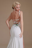 Simple Spaghetti Straps Appliques High Split Prom Dress, Wedding Dress with Train