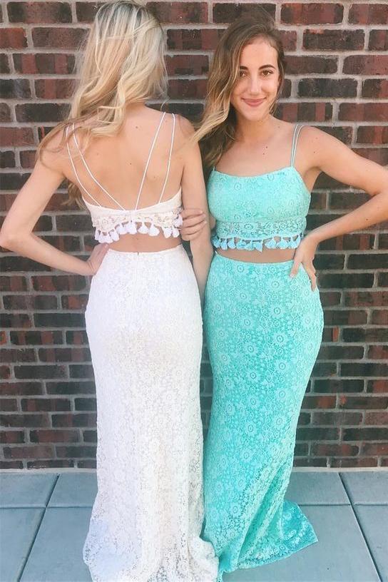 Lace Sexy Party Dress Mermaid Two Pieces Spaghetti Straps Long Prom Dress