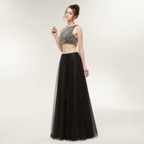 Two-piece A-line Floor-length Beaded Chiffon Prom Dresses