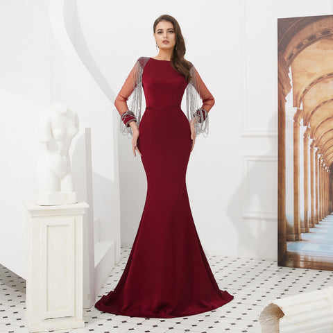 Mermaid stain Long Sleeves Edging Train Beaded Luxury Sequins Prom Dresses 12-49306