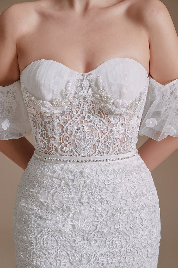 New Arrival Off the Shoulder Sweetheart Lace Long Beach Wedding Dress