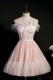 Pink Feather A Line Sleeveless Short Evening Dress Prom Homecoing Dress