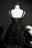 Black Spaghetti Straps Sequins Tulle Short Prom Dress Homecoming Dress