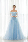 Off-the-shoulder A-line Embroidery Strapless Ruffles Chiffon Prom Dresses