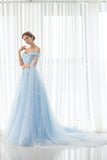 Off-the-shoulder A-line Embroidery Strapless Ruffles Chiffon Prom Dresses