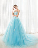 Embroidery A-line Strapless Sleeveless Chiffon Prom Dresses