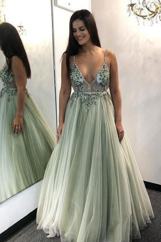 A-Line Tulle Sexy Dusty Sage Graduation School Party Gown Beading Long Prom Dress