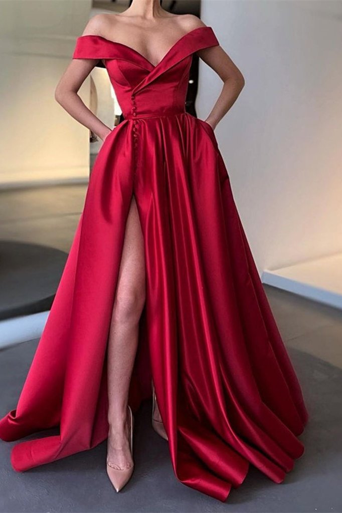 Red Silk Like Satin Off-the-Shoulder Long Split Prom Dress PD0386