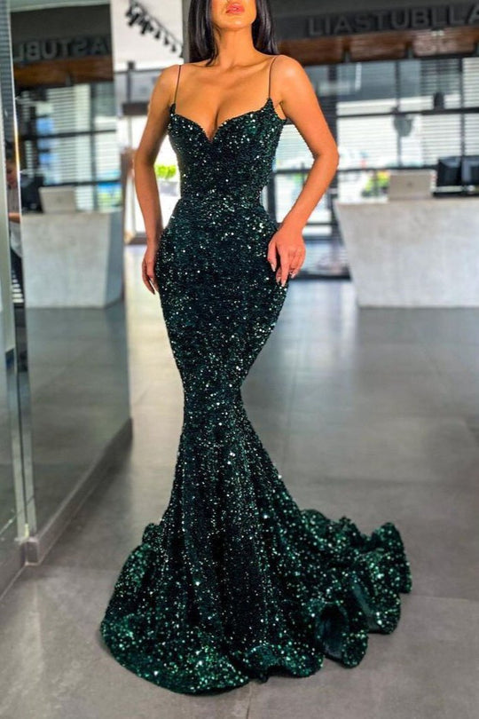 Dark Green Spaghetti Straps Sequins Evening Gowns Mermaid Prom Dress
