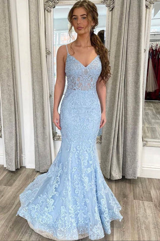 Light Blue Spaghetti Straps Mermaid Long Prom Dress Lace Evening Dress