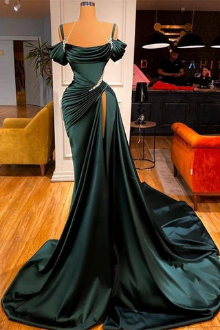 Green Off-the-Shoulder Long Slit Chapel Trailing Beading Prom Dress PD021