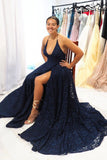 A-Line Halter Elegant Navy Blue Long Backless Lace Evening Dress With Slit Prom Dress