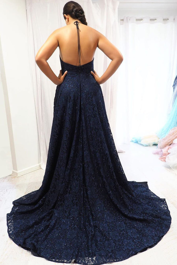 A-Line Halter Elegant Navy Blue Long Backless Lace Evening Dress with Slit Prom Dress