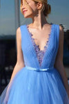 Sky Blue A-Line V-NeckTulle Pageant Dress With Appliques Prom Dress
