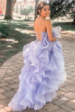 A Line Lavender Evening Party Dress Long Prom Dress With Cascading Ruffles