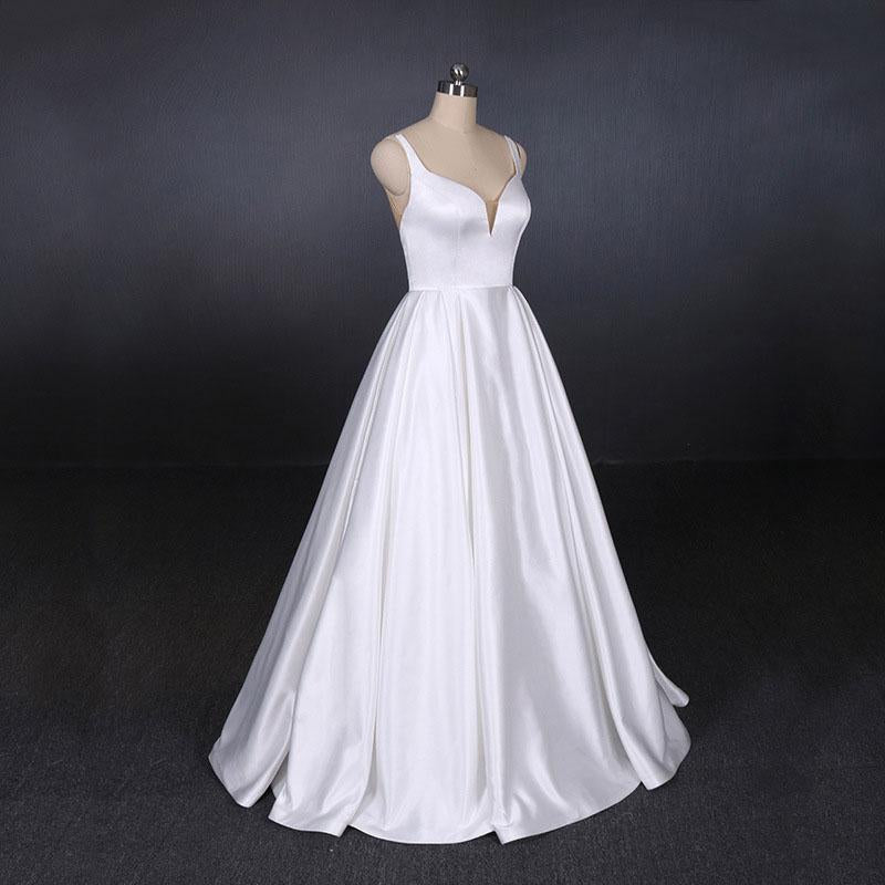 Simple Straps White Floor Length Satin Backless Satin Wedding Dress N2356