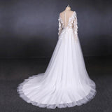 White A Line Tulle Long Sleeves Wedding Gown, Cheap Bridal Dress With Lace Appliques N2308