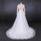 White A Line Tulle Long Sleeves Wedding Gown, Cheap Bridal Dress With Lace Appliques N2308