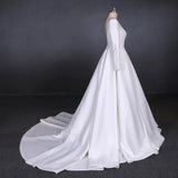Cheap Long Sleeves Satin White Wedding Dress Simple Backless Bridal Dress N2301