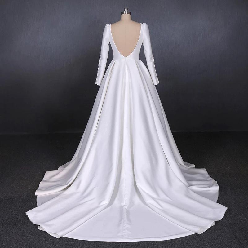 Cheap Long Sleeves Satin White Wedding Dress, Simple Backless Bridal Dress N2301