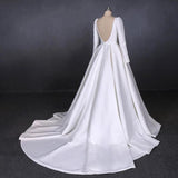 Cheap Long Sleeves Satin White Wedding Dress Simple Backless Bridal Dress N2301
