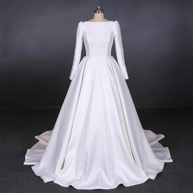 Cheap Long Sleeves Satin White Wedding Dress, Simple Backless Bridal Dress N2301