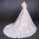 Puffy Strapless Tulle Wedding Dress With Lace Appliques, Long Train Lace Up Bridal Dress N2300