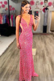 Sequin V-Neck Long Shiny Prom Dress Mermaid Evening Party Dress
