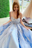Sky Blue Elegant Backless Floral Lace A Line Long Prom Dress